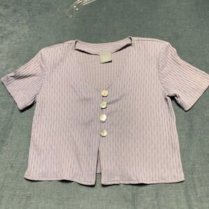 Rabbit Designs Crop Top Womens Light Lavender Ribbed Texture Button Front V Neck